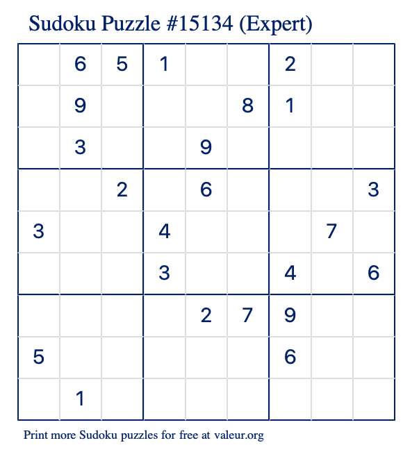 Free Printable Expert Sudoku Puzzle number 15134