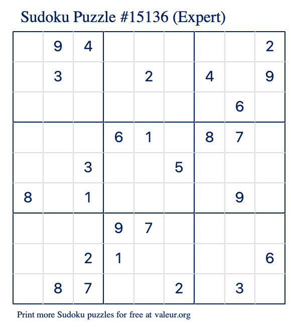 Free Printable Expert Sudoku Puzzle number 15136