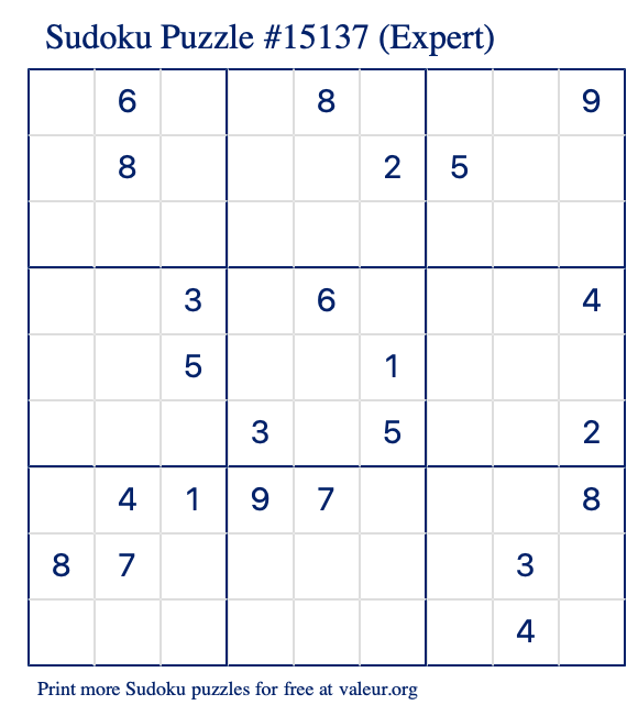 Free Printable Expert Sudoku Puzzle number 15137
