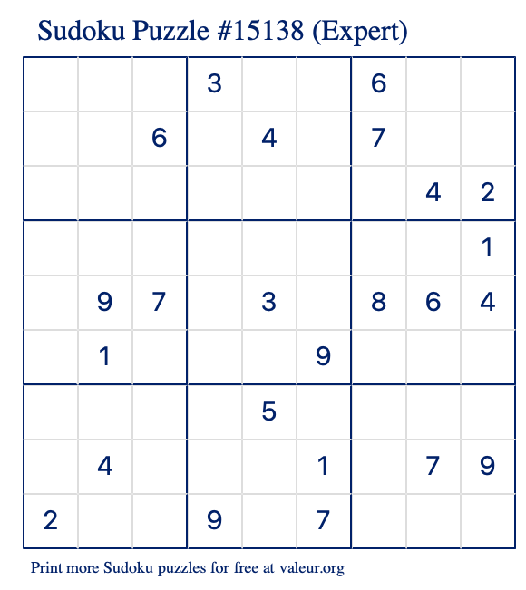Free Printable Expert Sudoku Puzzle number 15138