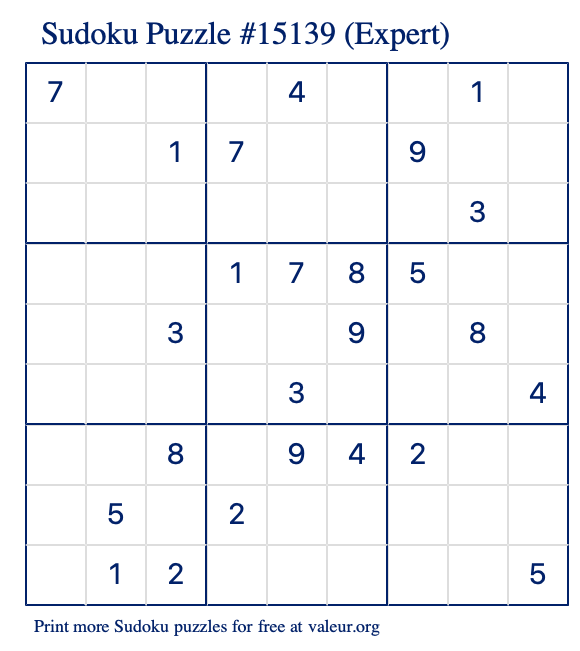 Free Printable Expert Sudoku Puzzle number 15139