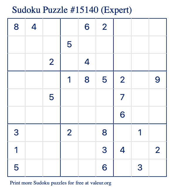 Free Printable Expert Sudoku Puzzle number 15140
