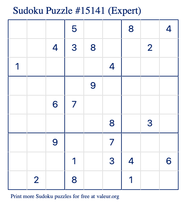 Free Printable Expert Sudoku Puzzle number 15141