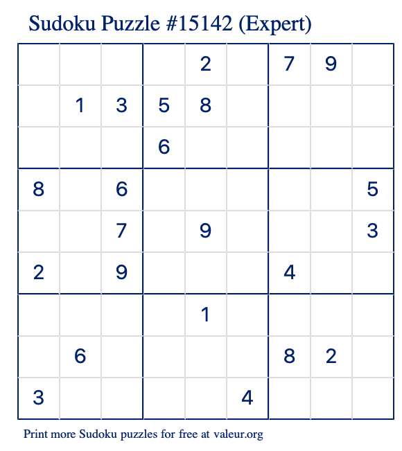 Free Printable Expert Sudoku Puzzle number 15142