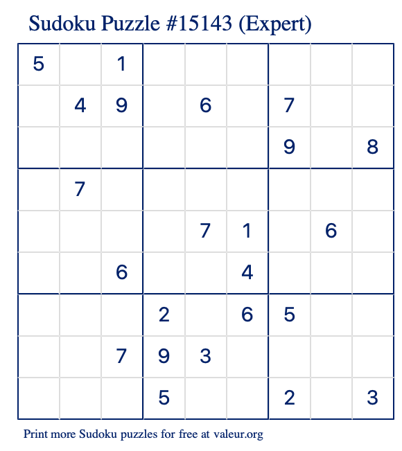 Free Printable Expert Sudoku Puzzle number 15143