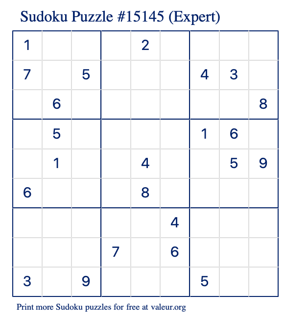 Free Printable Expert Sudoku Puzzle number 15145