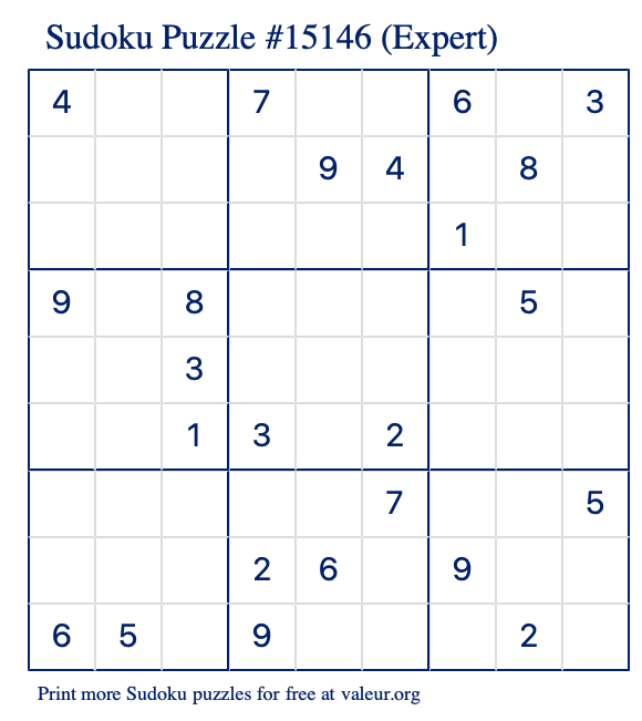 Free Printable Expert Sudoku Puzzle number 15146