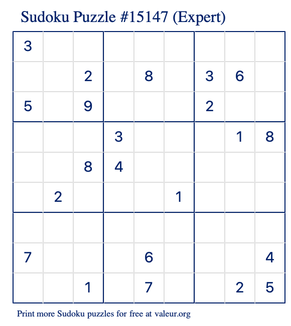 Free Printable Expert Sudoku Puzzle number 15147