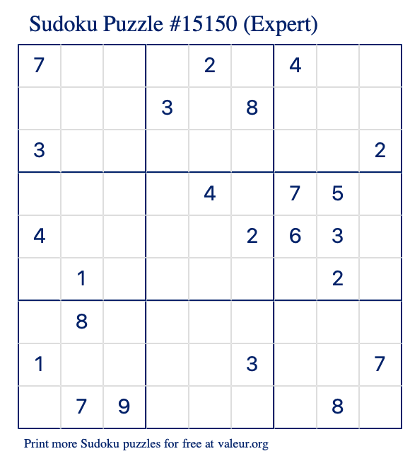 Free Printable Expert Sudoku Puzzle number 15150