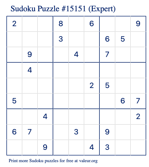 Free Printable Expert Sudoku Puzzle number 15151