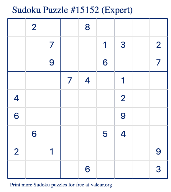 Free Printable Expert Sudoku Puzzle number 15152