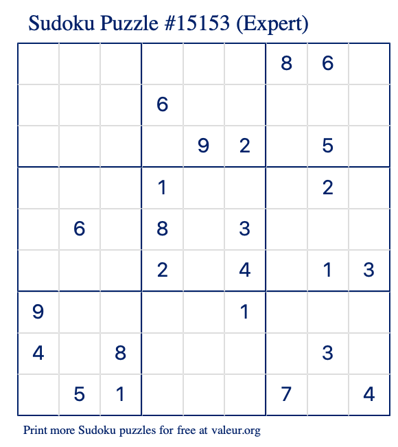 Free Printable Expert Sudoku Puzzle number 15153