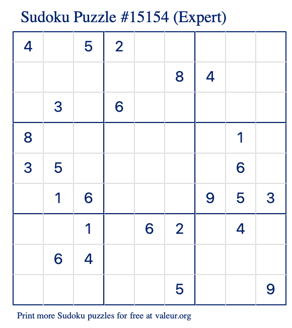 Free Printable Expert Sudoku Puzzle number 15154