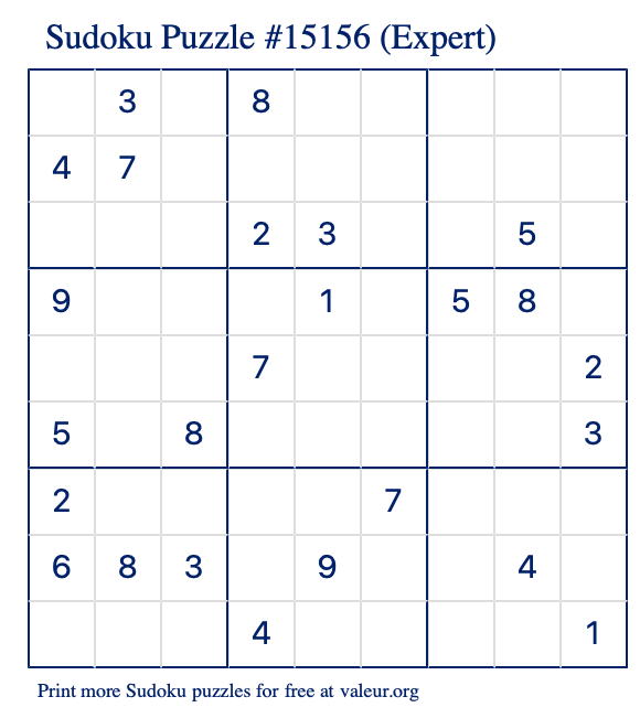 Free Printable Expert Sudoku Puzzle number 15156