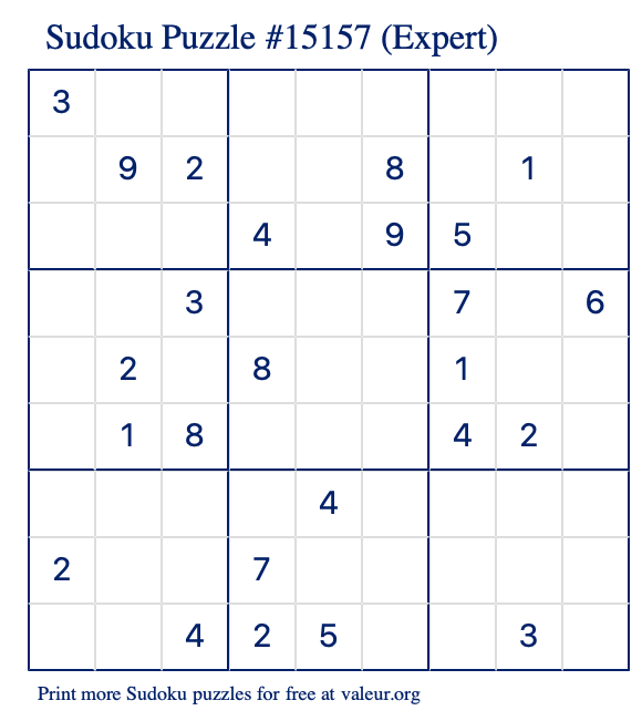 Free Printable Expert Sudoku Puzzle number 15157