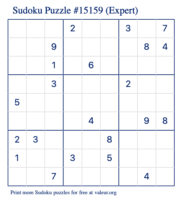 Free Printable Expert Sudoku Puzzle number 15159