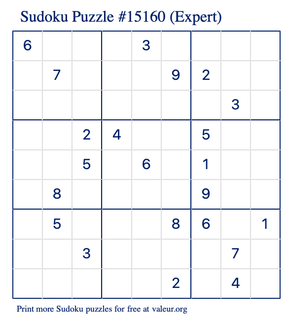 Free Printable Expert Sudoku Puzzle number 15160