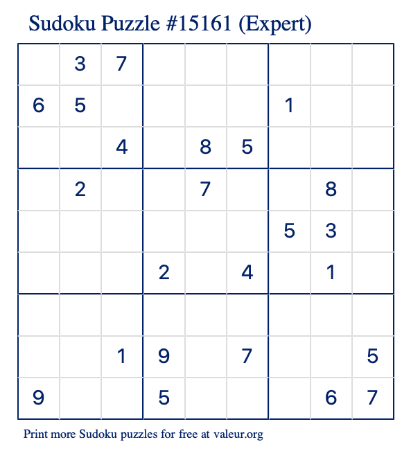 Free Printable Expert Sudoku Puzzle number 15161