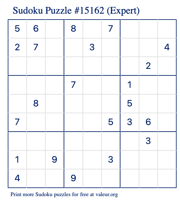 Free Printable Expert Sudoku Puzzle number 15162