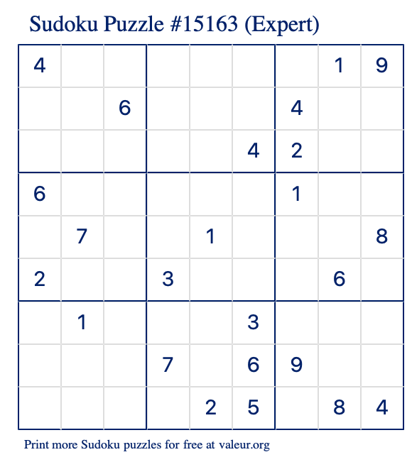 Free Printable Expert Sudoku Puzzle number 15163