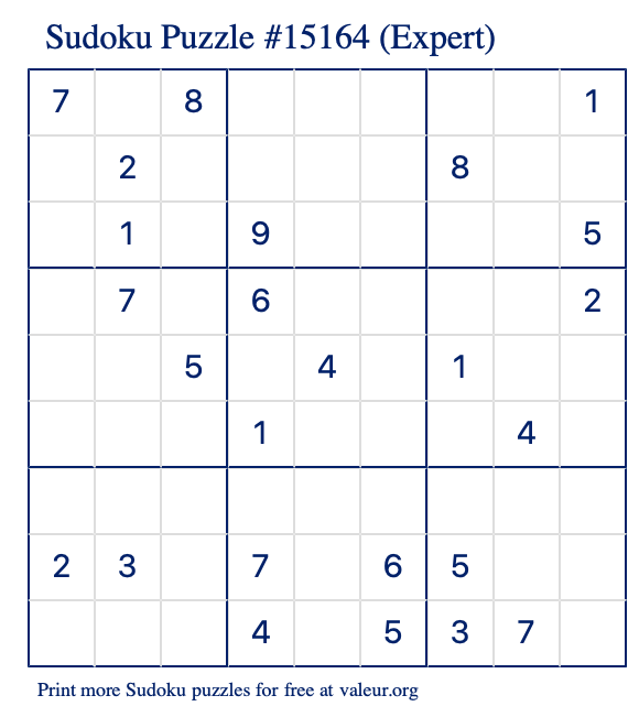 Free Printable Expert Sudoku Puzzle number 15164