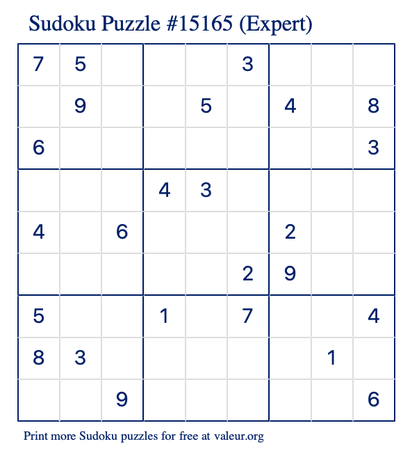 Free Printable Expert Sudoku Puzzle number 15165