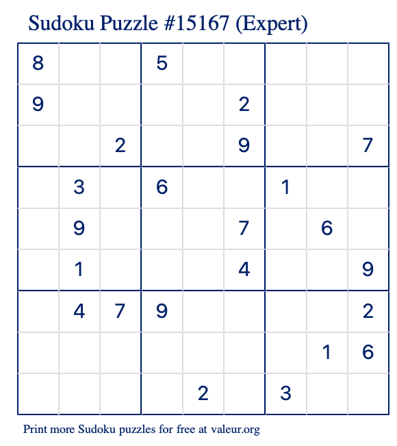 Free Printable Expert Sudoku Puzzle number 15167