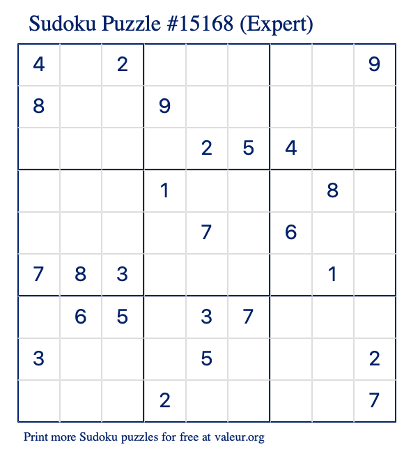 Free Printable Expert Sudoku Puzzle number 15168