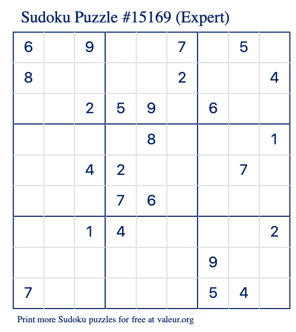 Free Printable Expert Sudoku Puzzle number 15169