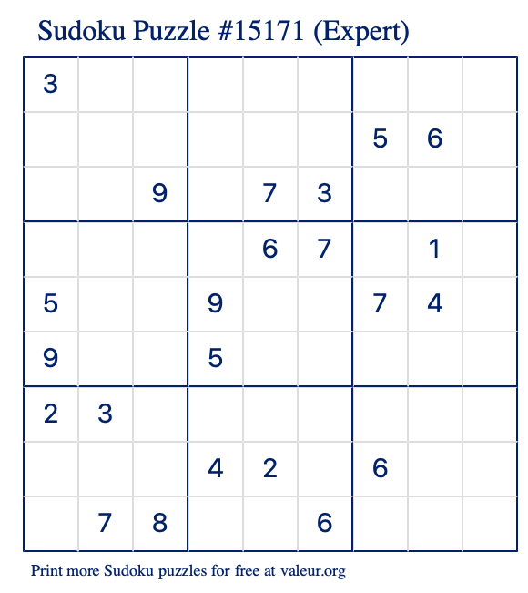 Free Printable Expert Sudoku Puzzle number 15171