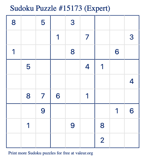 Free Printable Expert Sudoku Puzzle number 15173