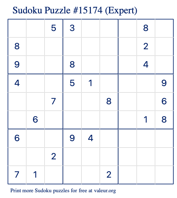 Free Printable Expert Sudoku Puzzle number 15174