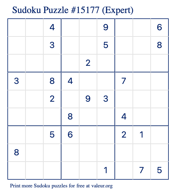 Free Printable Expert Sudoku Puzzle number 15177