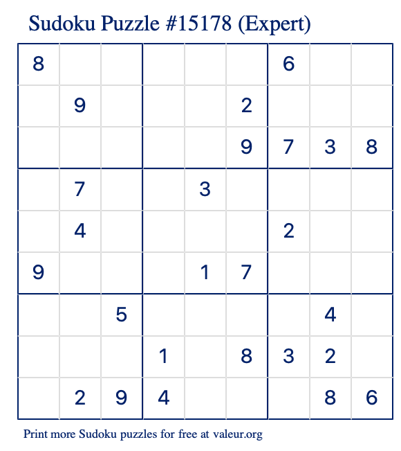 Free Printable Expert Sudoku Puzzle number 15178