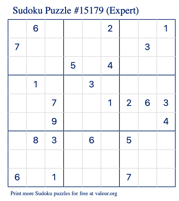 Free Printable Expert Sudoku Puzzle number 15179