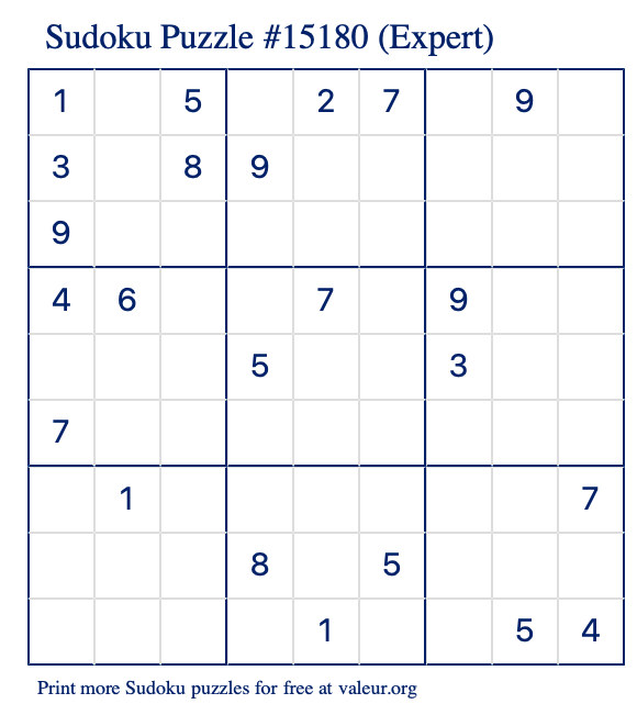 Free Printable Expert Sudoku Puzzle number 15180