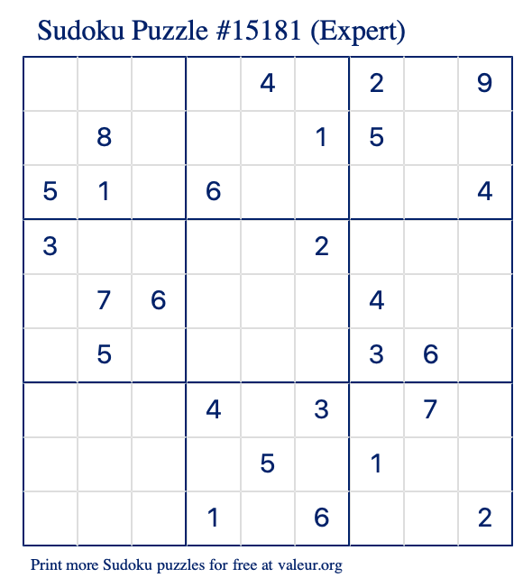 Free Printable Expert Sudoku Puzzle number 15181