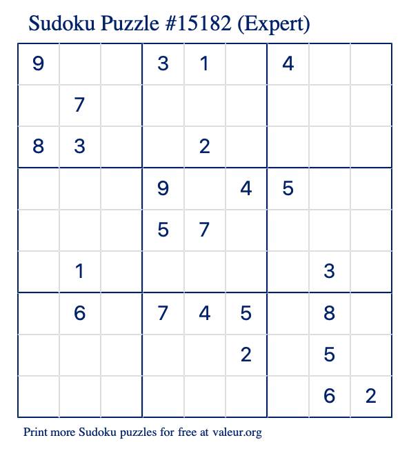 Free Printable Expert Sudoku Puzzle number 15182