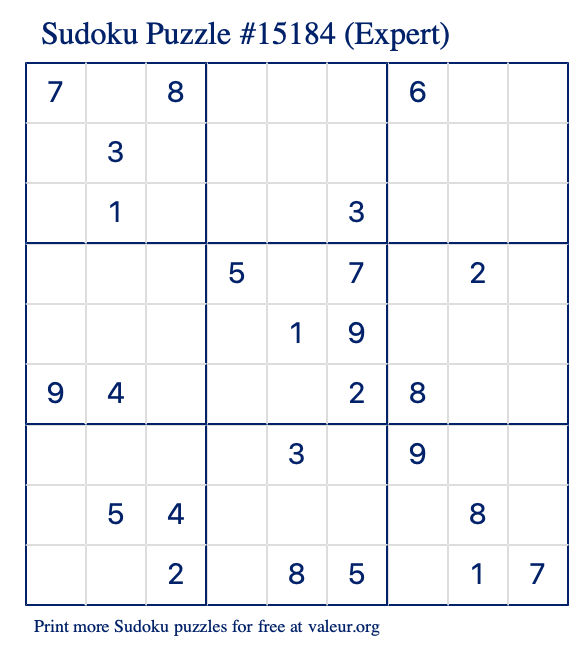 Free Printable Expert Sudoku Puzzle number 15184