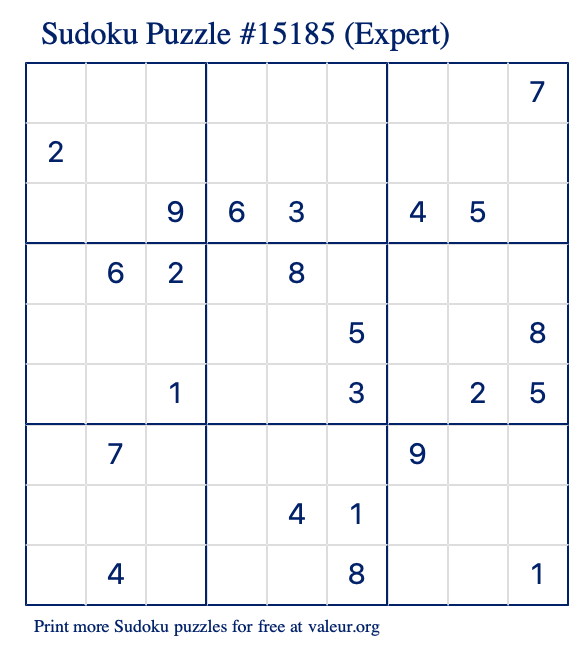 Free Printable Expert Sudoku Puzzle number 15185