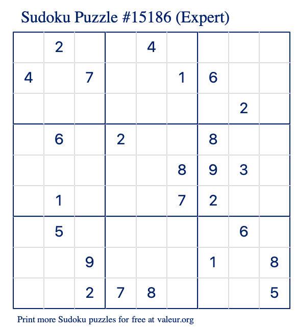 Free Printable Expert Sudoku Puzzle number 15186