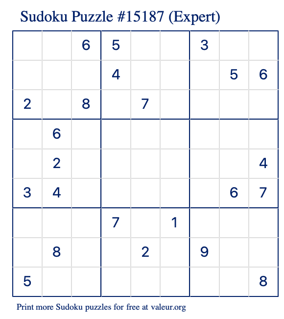Free Printable Expert Sudoku Puzzle number 15187