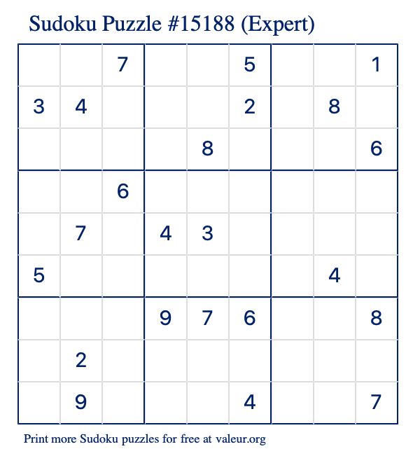Free Printable Expert Sudoku Puzzle number 15188