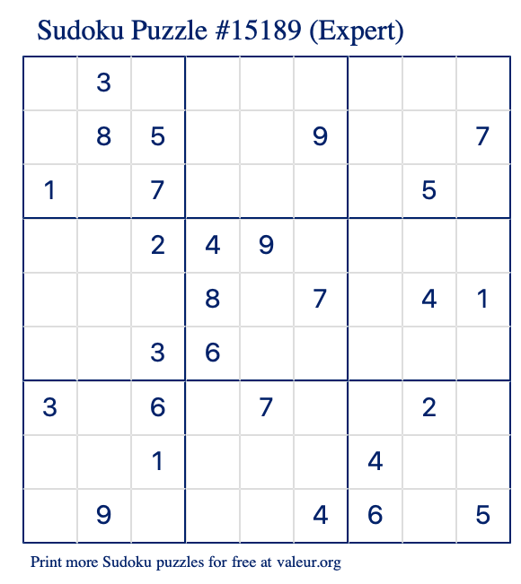 Free Printable Expert Sudoku Puzzle number 15189