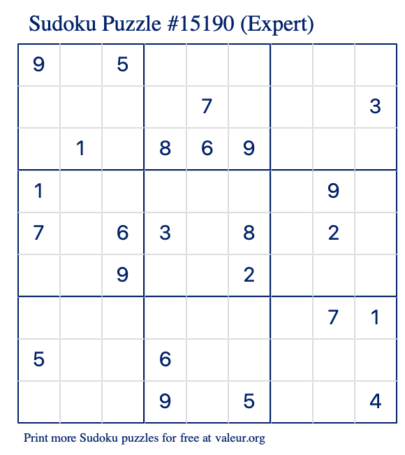 Free Printable Expert Sudoku Puzzle number 15190