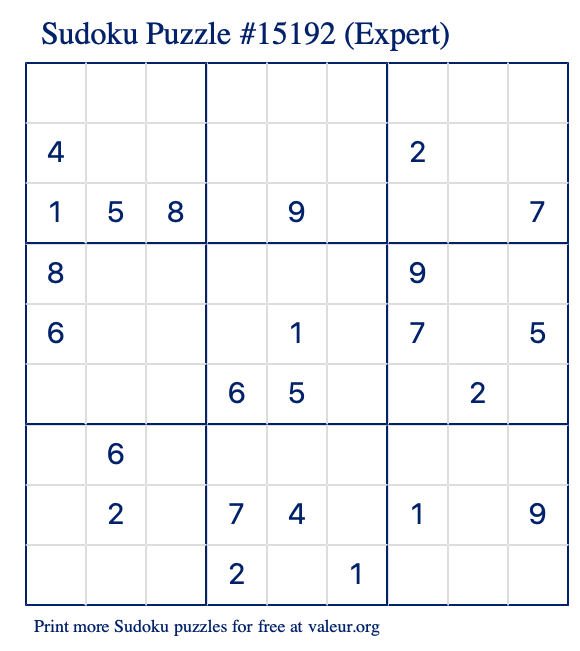 Free Printable Expert Sudoku Puzzle number 15192