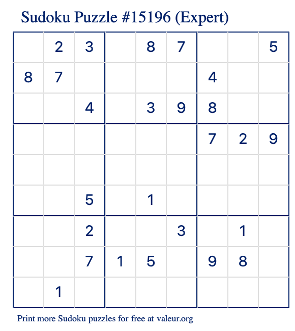 Free Printable Expert Sudoku Puzzle number 15196
