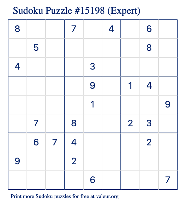 Free Printable Expert Sudoku Puzzle number 15198