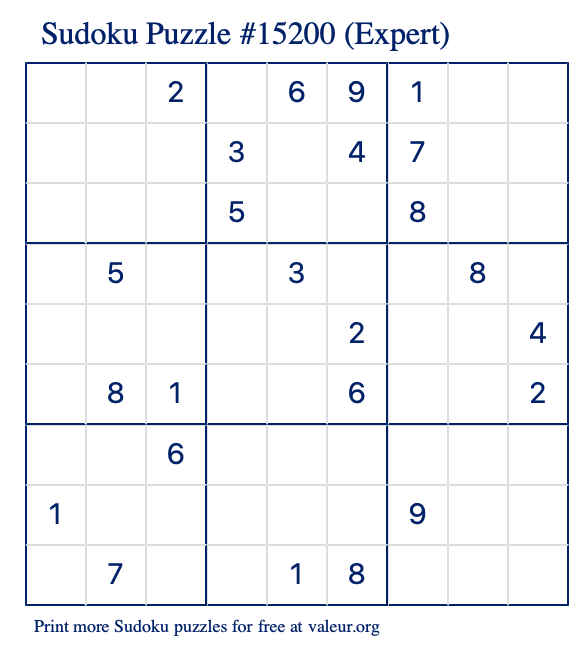 Free Printable Expert Sudoku Puzzle number 15200