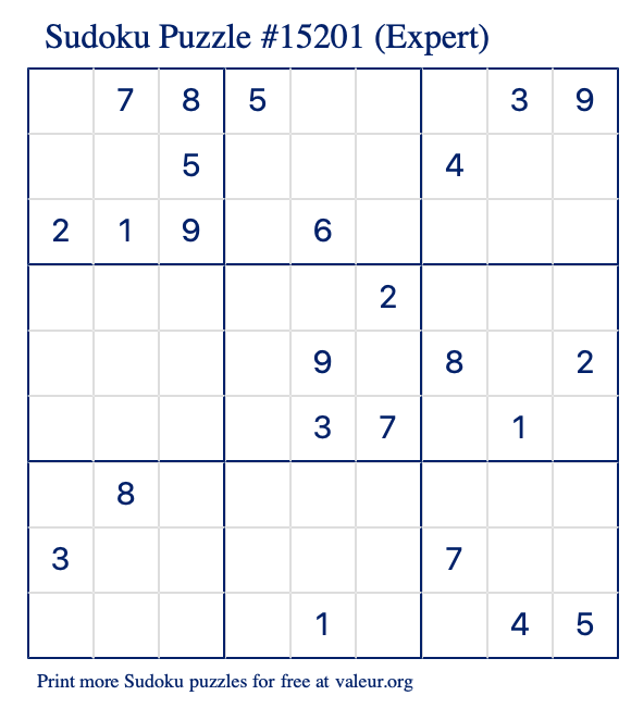 Free Printable Expert Sudoku Puzzle number 15201